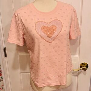 MUY MUY Pink Heart Beads Sequins Fancy Collection L T-Shirt